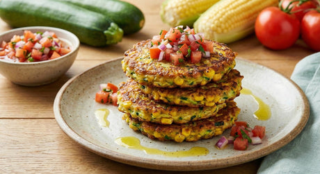 Crispy Zucchini & Sweet Corn Fritters with Salsa